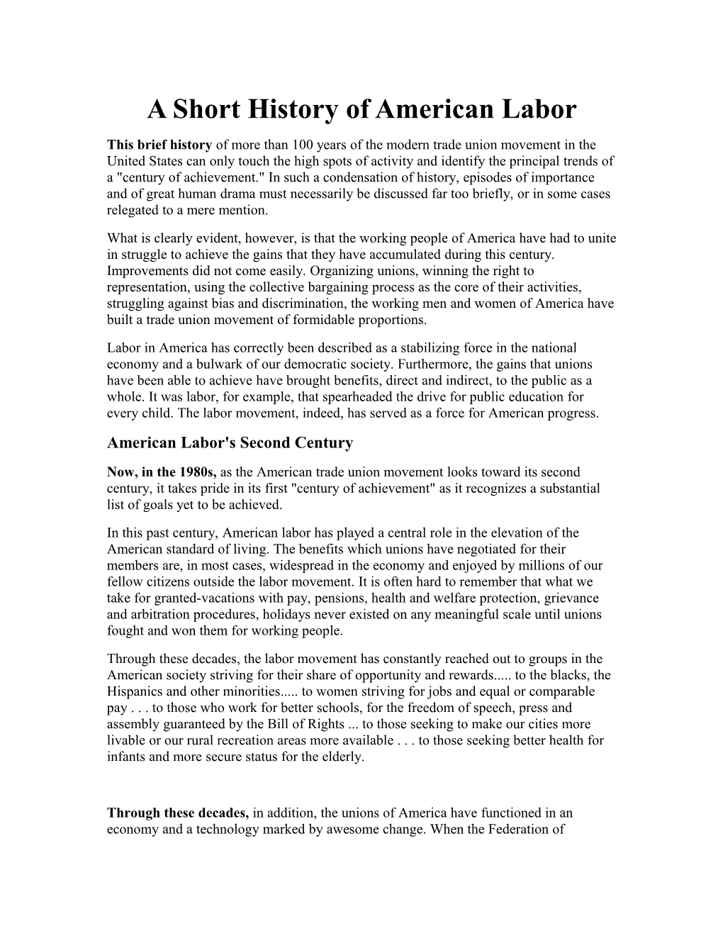 A Short History of American Labor