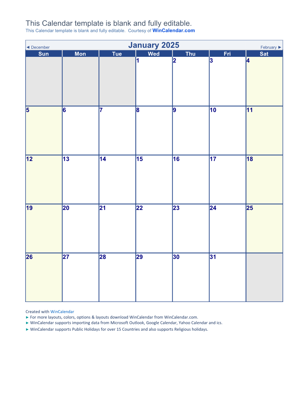 January 2025 Blank Calendar Printable Calendar