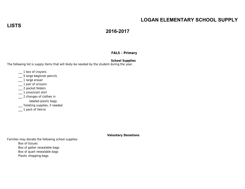 Logan Elementary School Supply Lists