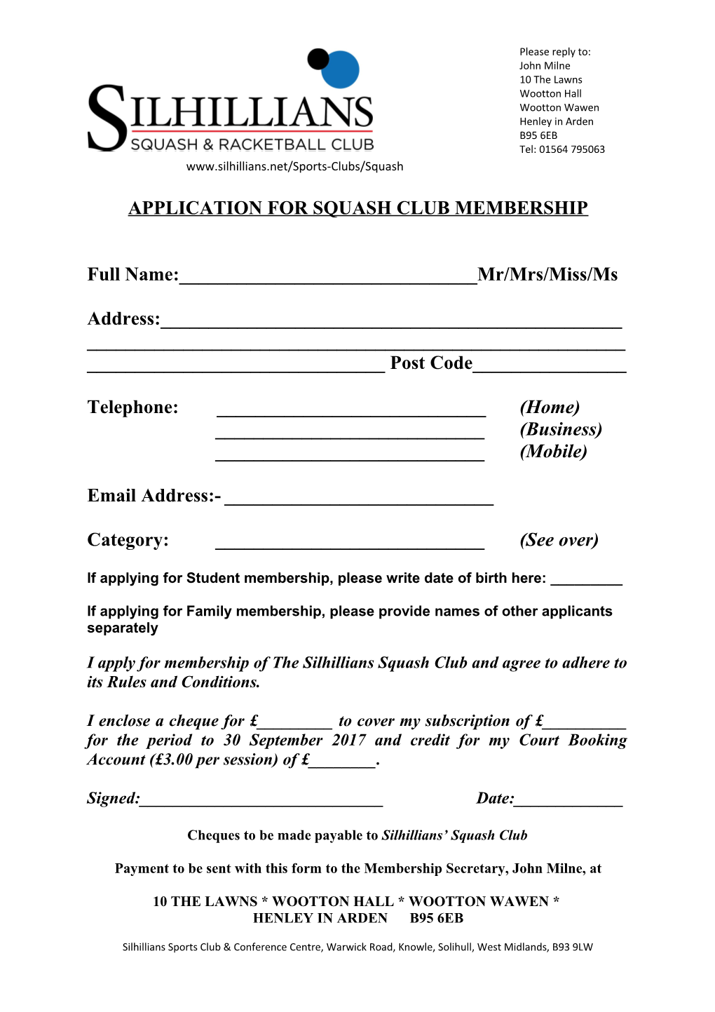 Application for Squash Club Membership