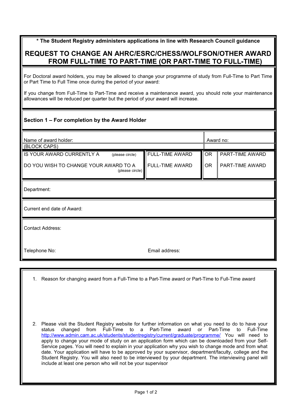 Change of Status from FT to PT Or Vice Versa Application