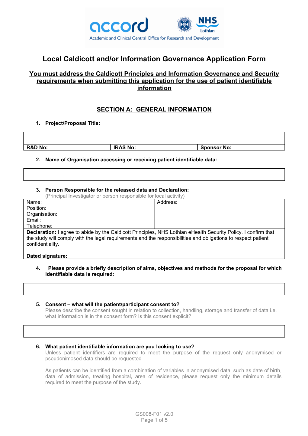 Local Caldicott And/Or Information Governance Application Form