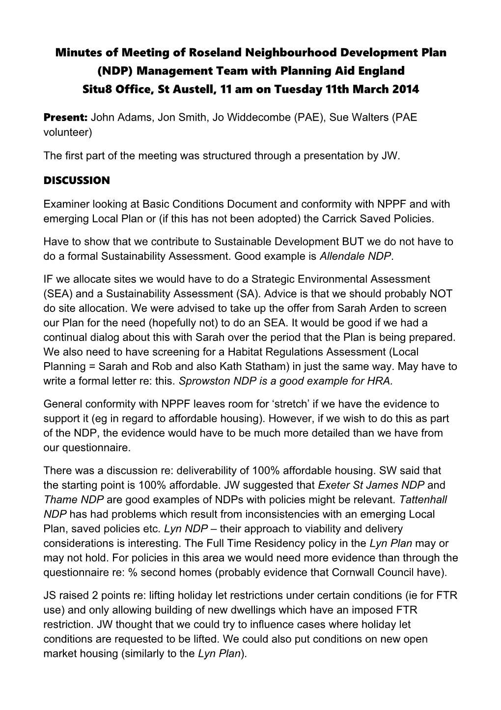 Minutes of Meeting of Roseland Neighbourhood Development Plan (NDP)Management Team With