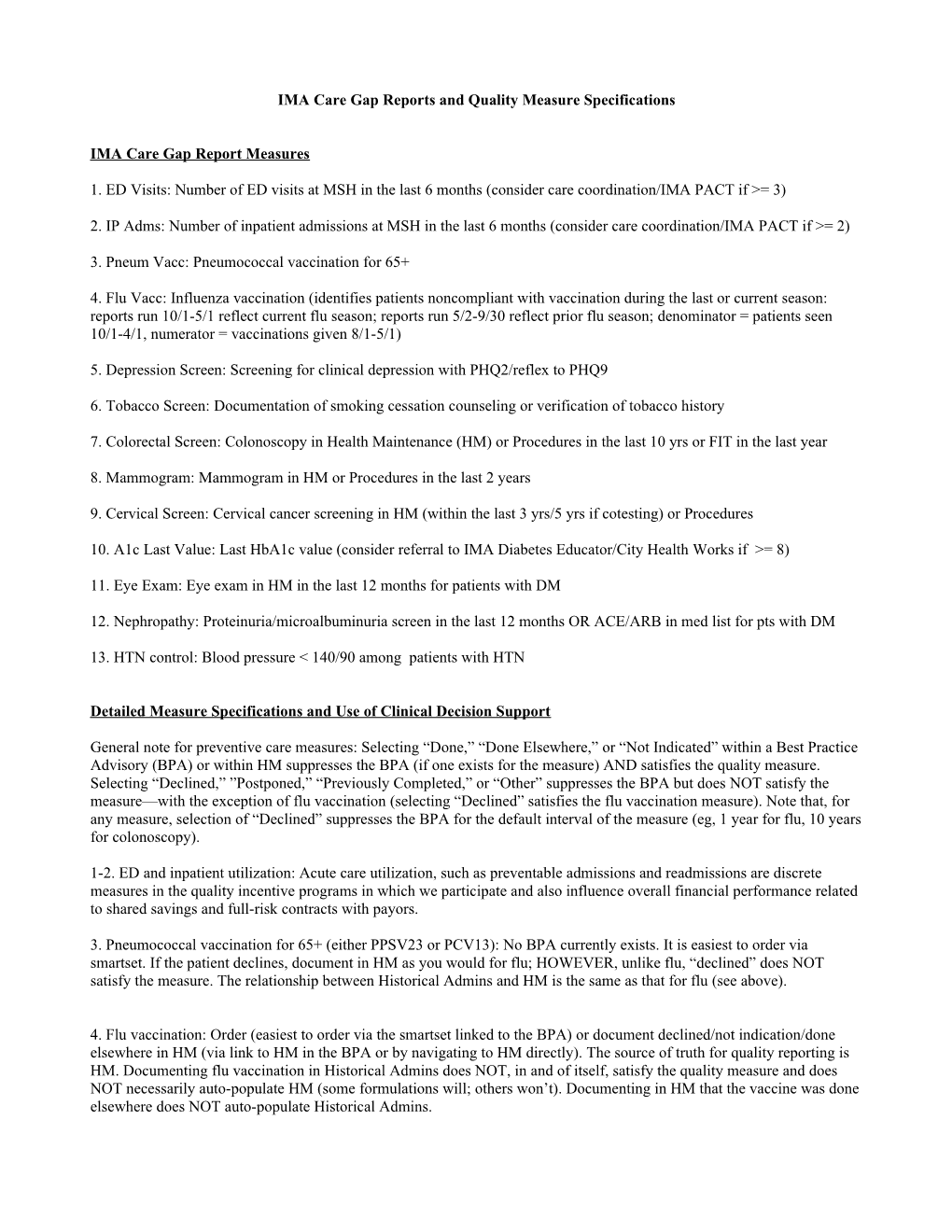 IMA Care Gap Reports and Quality Measure Specifications