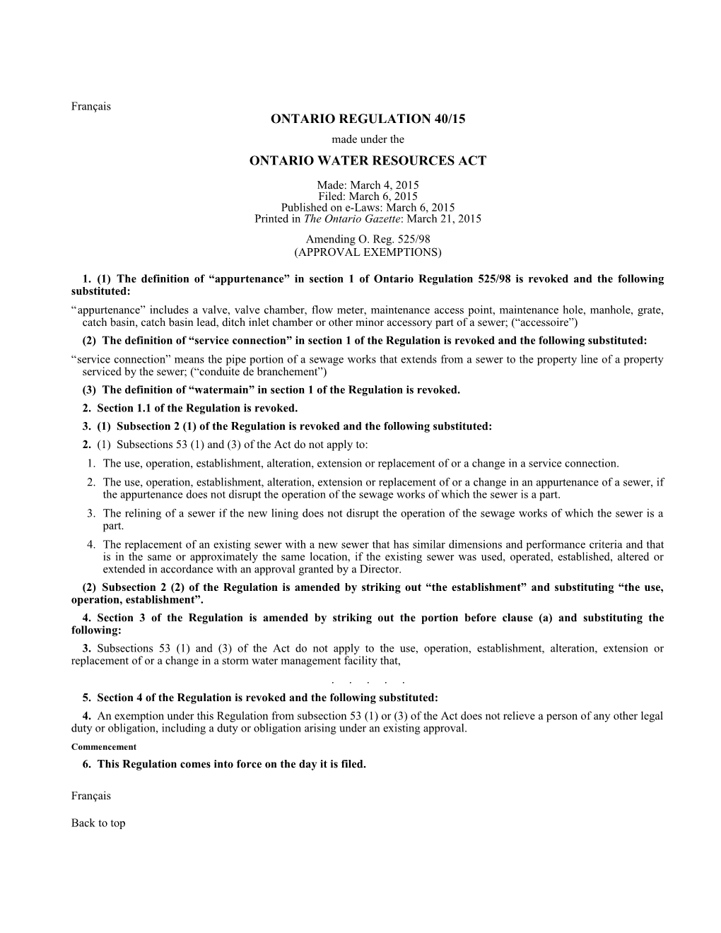 ONTARIO WATER RESOURCES ACT - O. Reg. 40/15