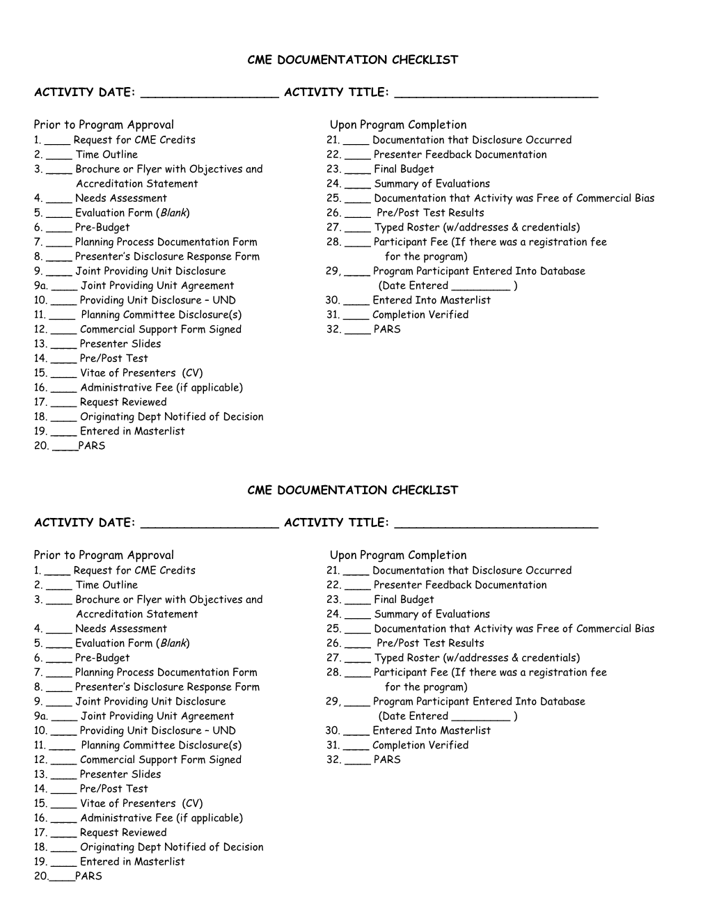 Cme Documentation Checklist
