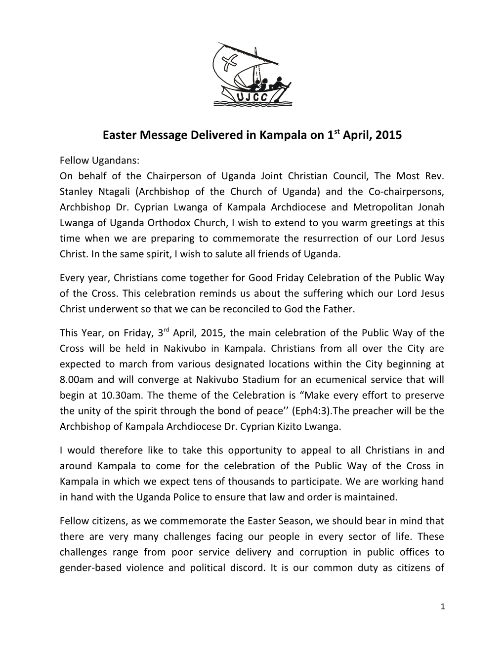 Easter Message Delivered in Kampala on 1St April, 2015