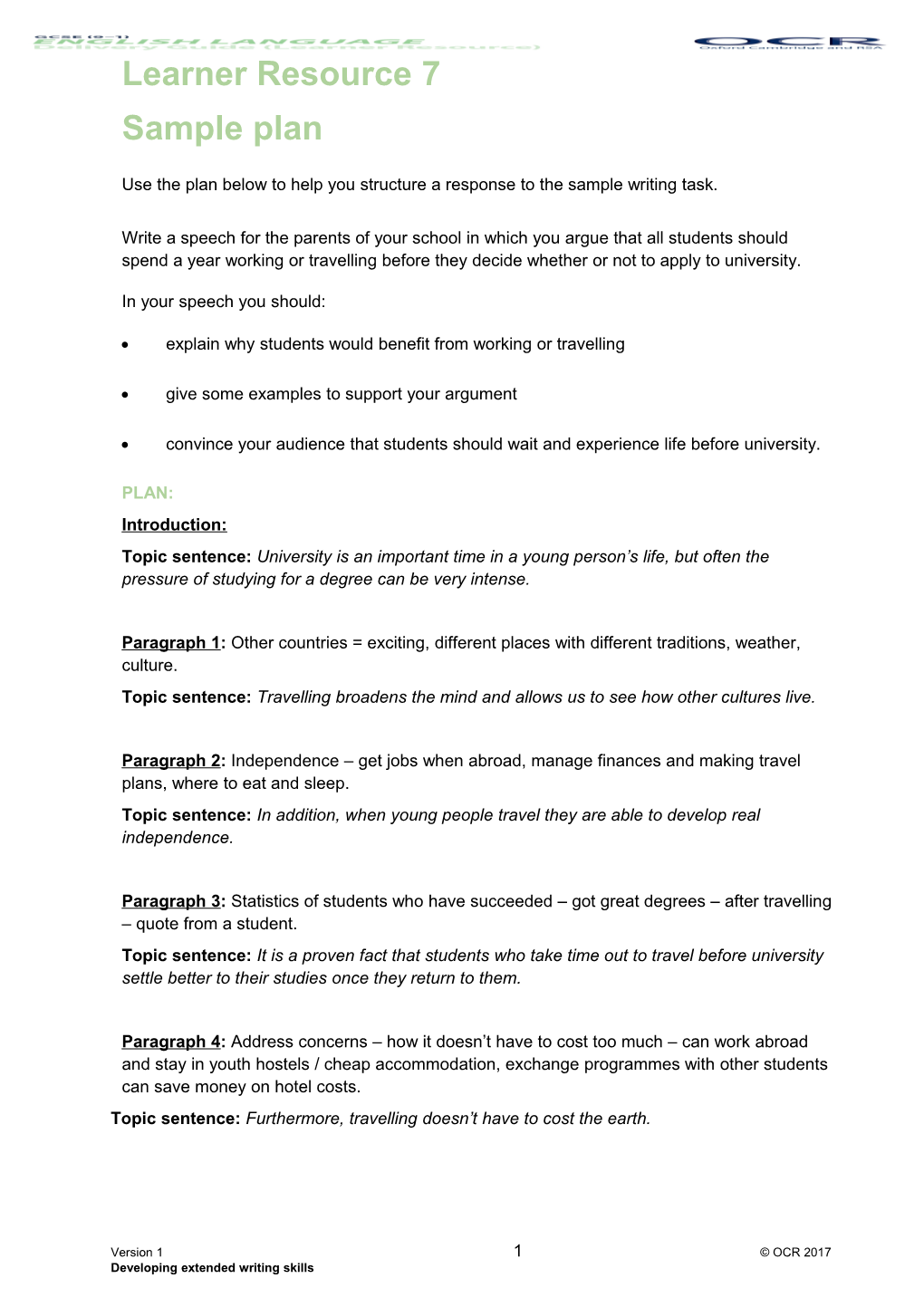 GCSE (9-1) English Language DG Learner Resource 7: Sample Plan