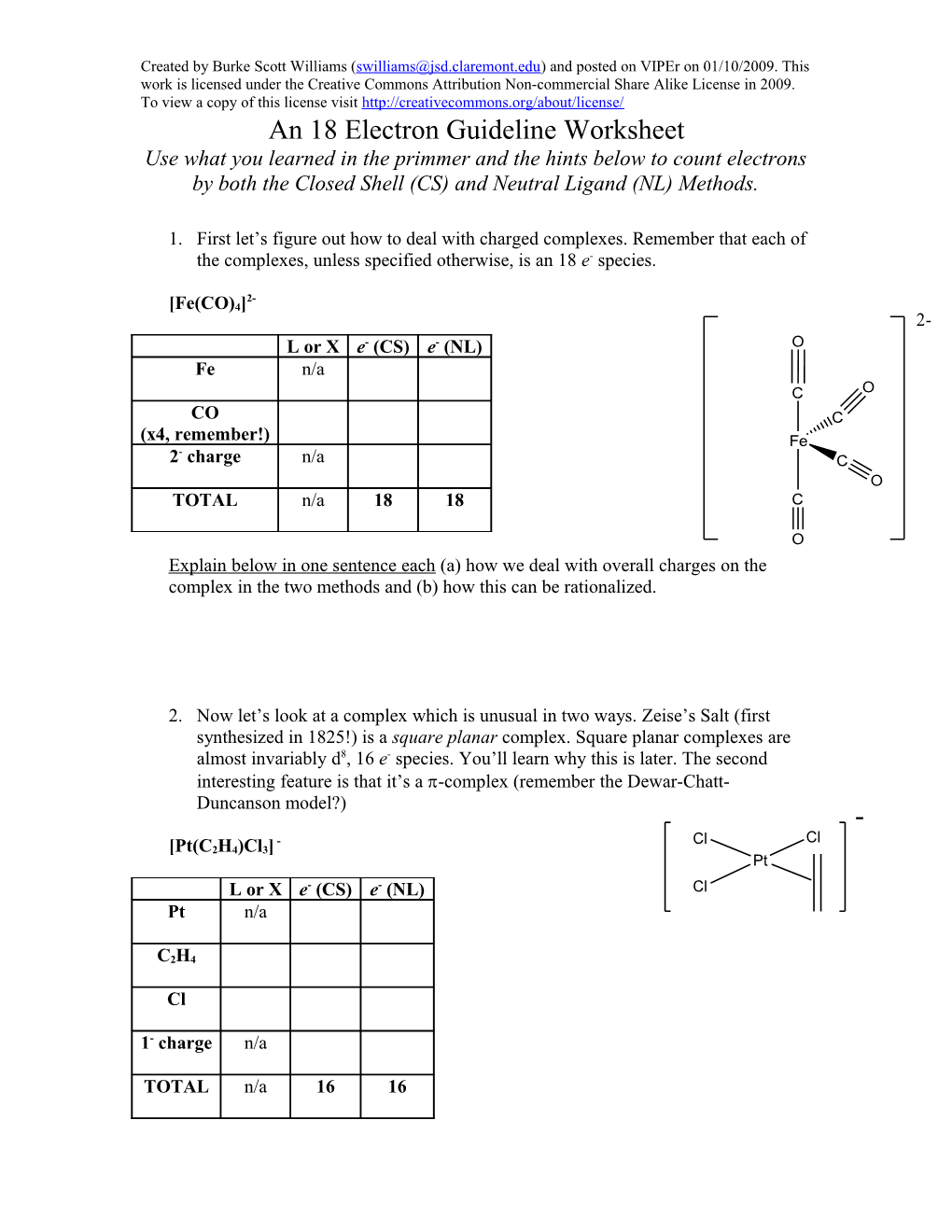 An 18 Electron Guideline Worksheet