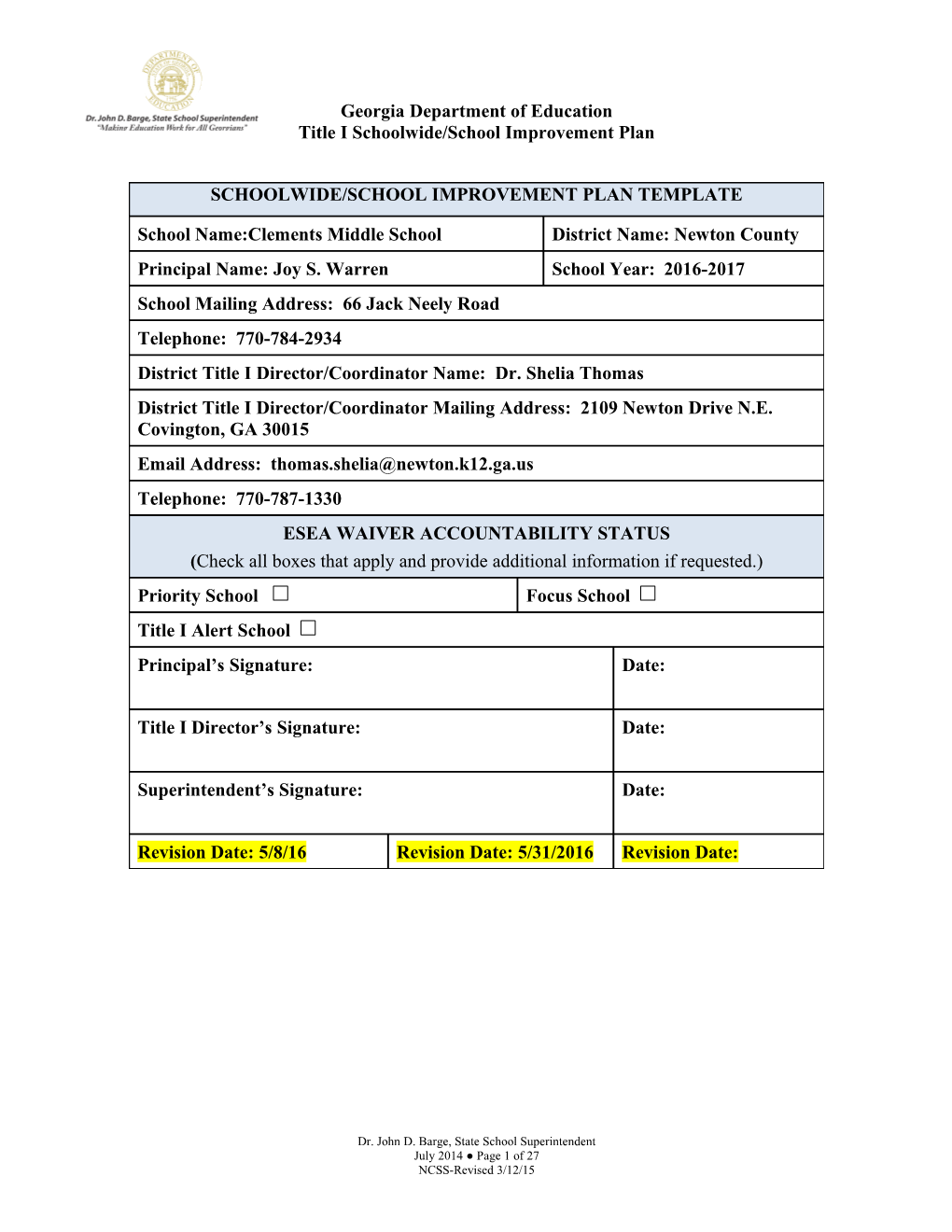 Title I Schoolwide/School Improvement Plan