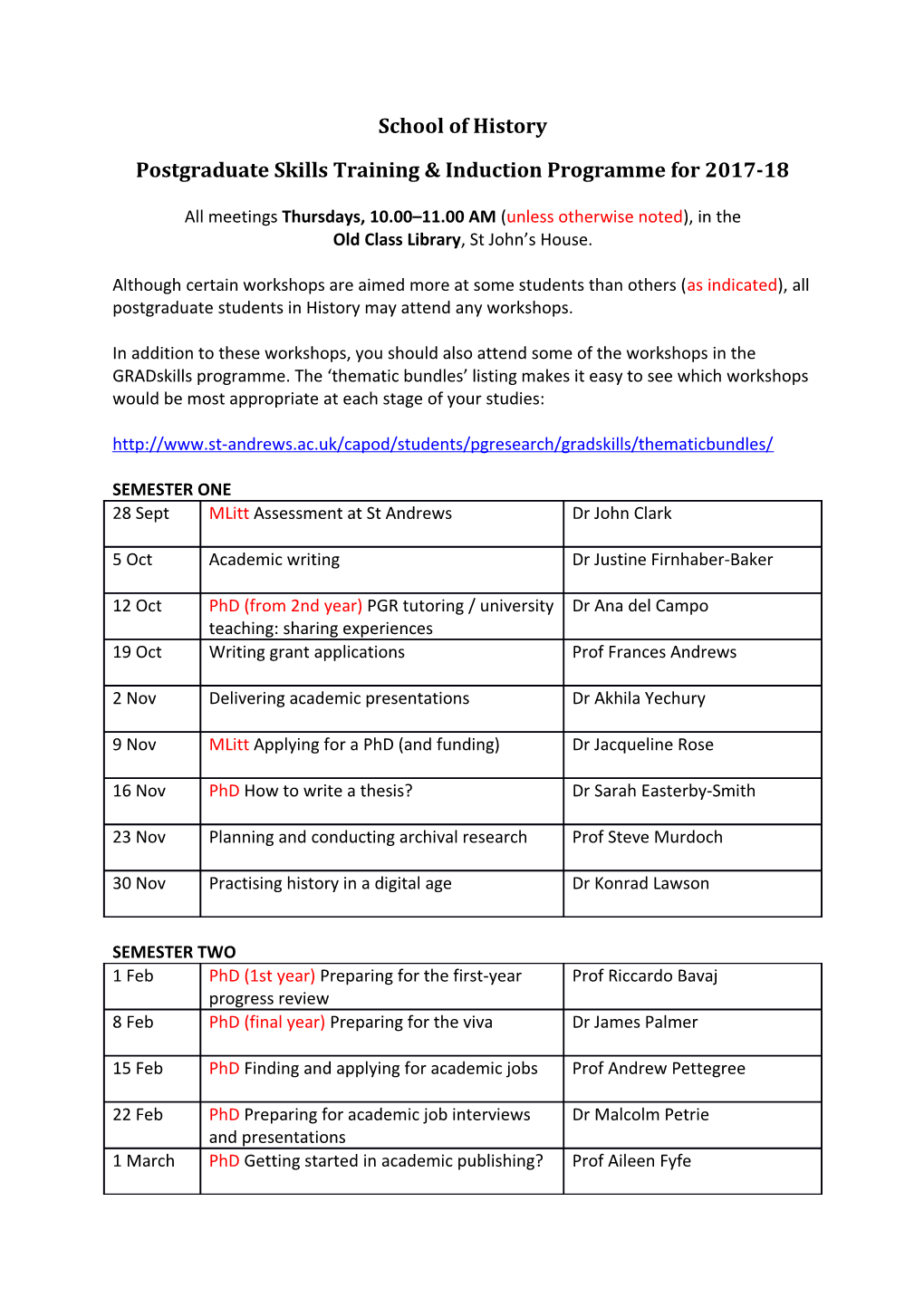 Postgraduate Skills Training& Induction Programme for 2017-18