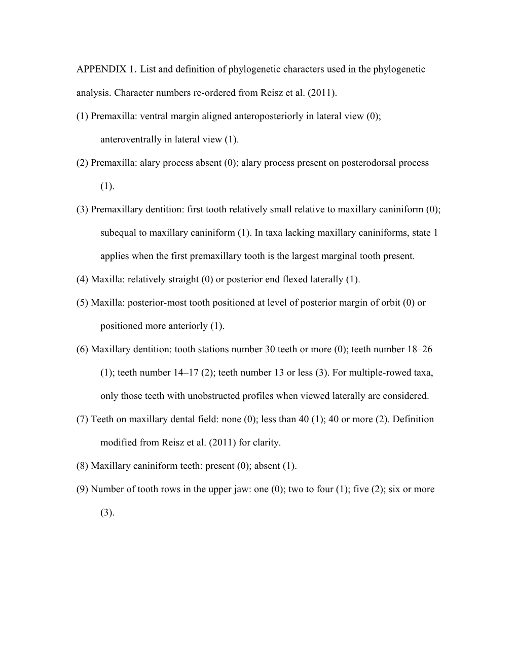 2) Premaxilla: Alary Process Absent (0); Alary Process Present on Posterodorsal Process (1