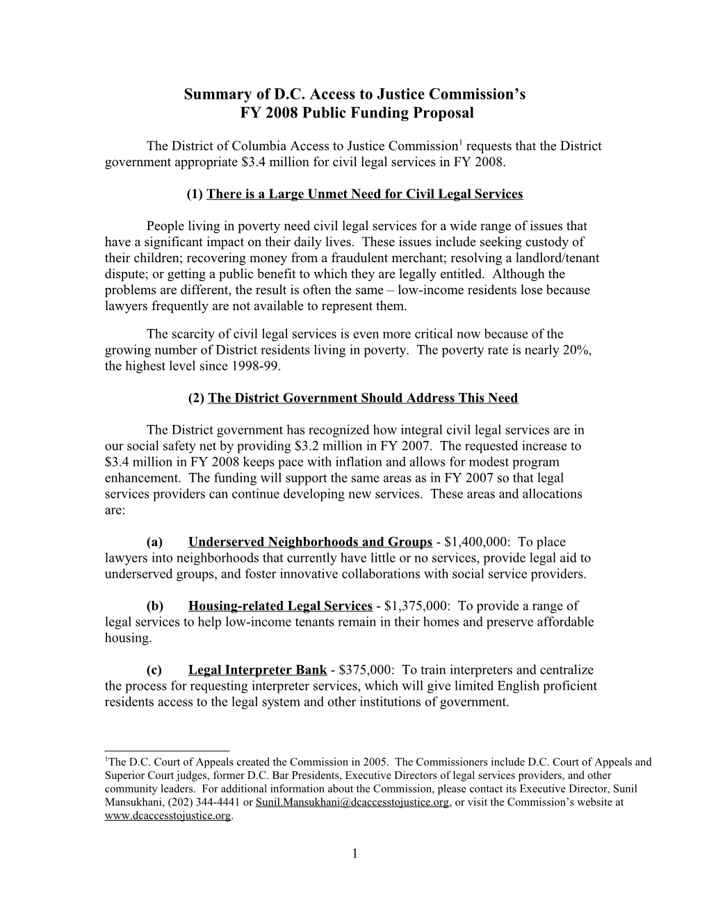 District of Columbia Access to Justice Commission Fiscal Year 2006 Public Funding Proposal