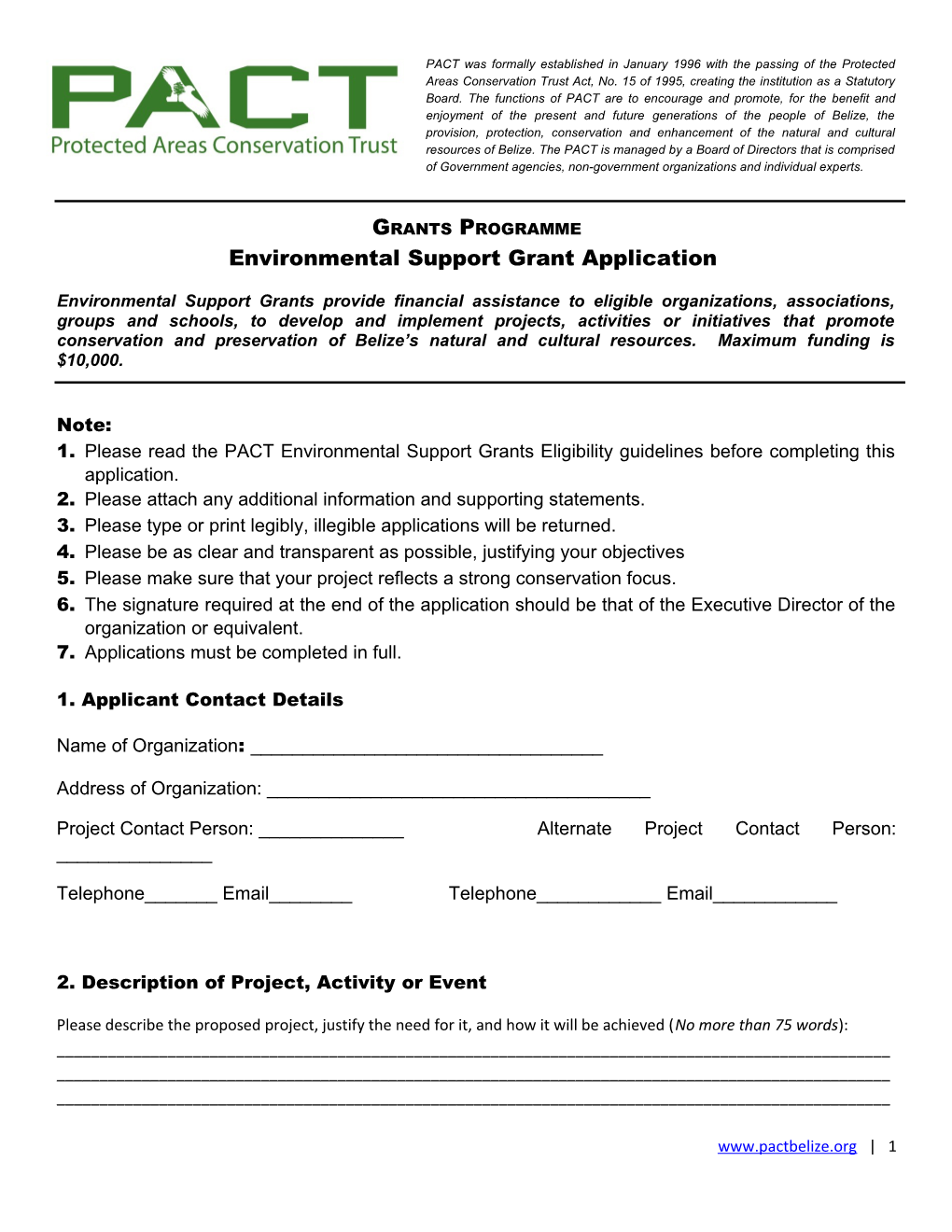 Environmental Support Grant Application