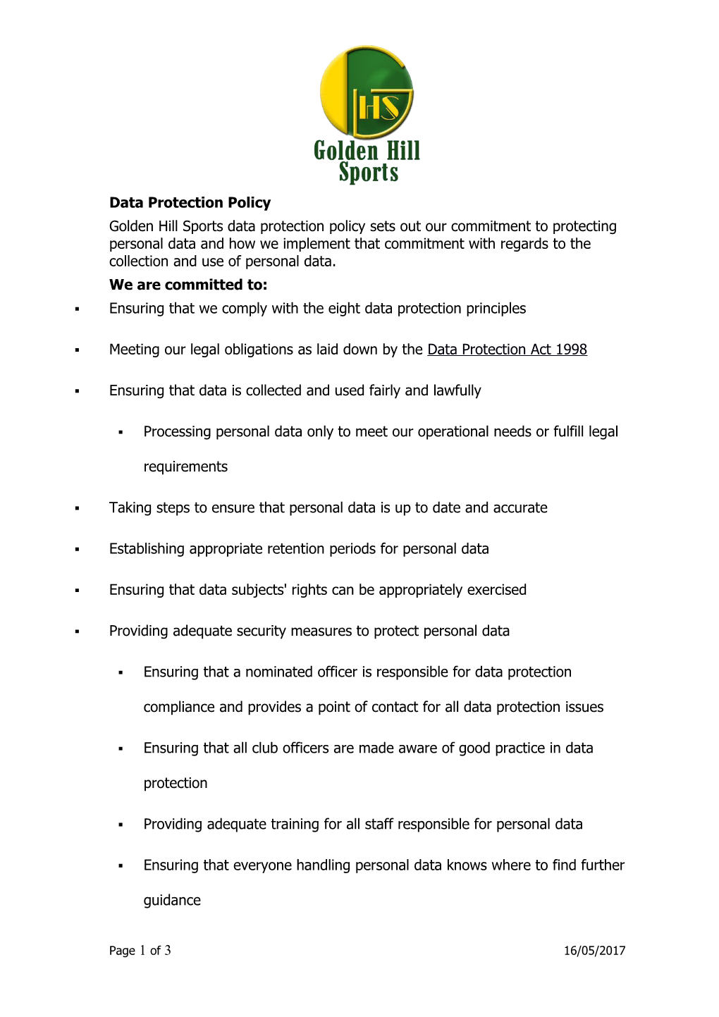 Rugby Club Data Protection Policy