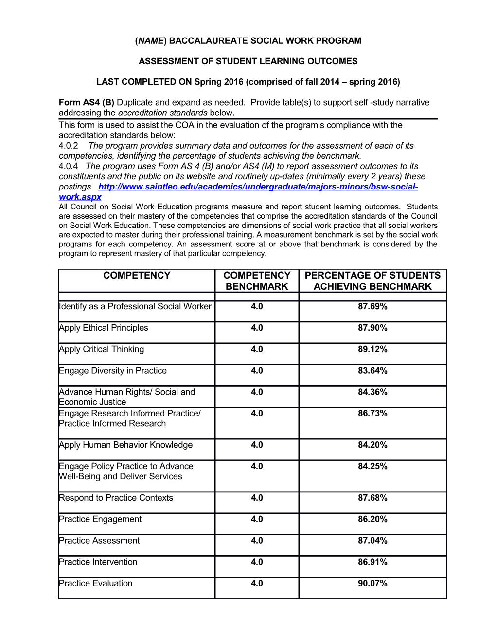 (Name) Baccalaureate Social Work Program