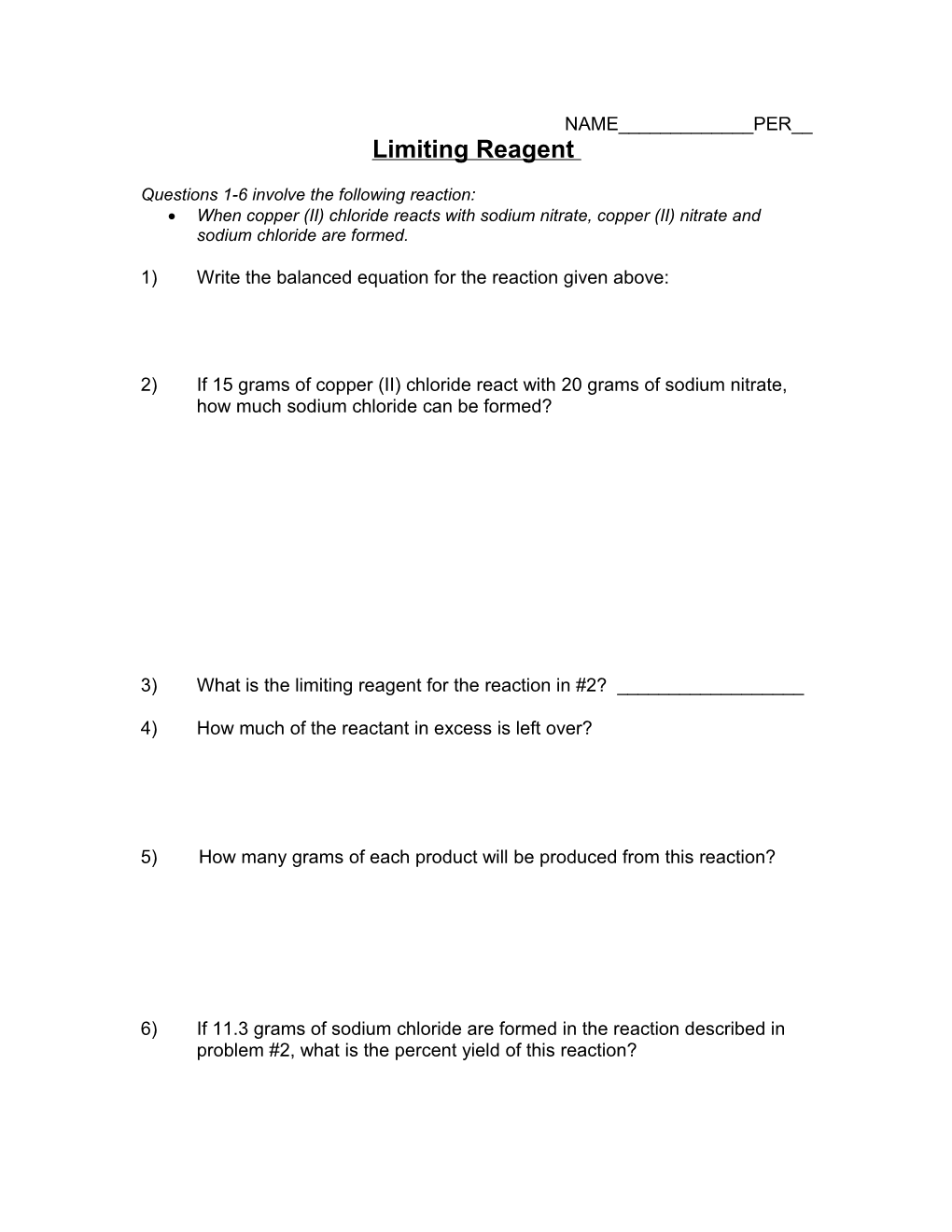 Limiting Reagent Worksheet
