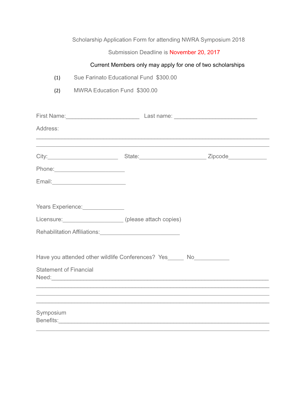 Scholarship Application Form for Attending NWRA Symposium 2018