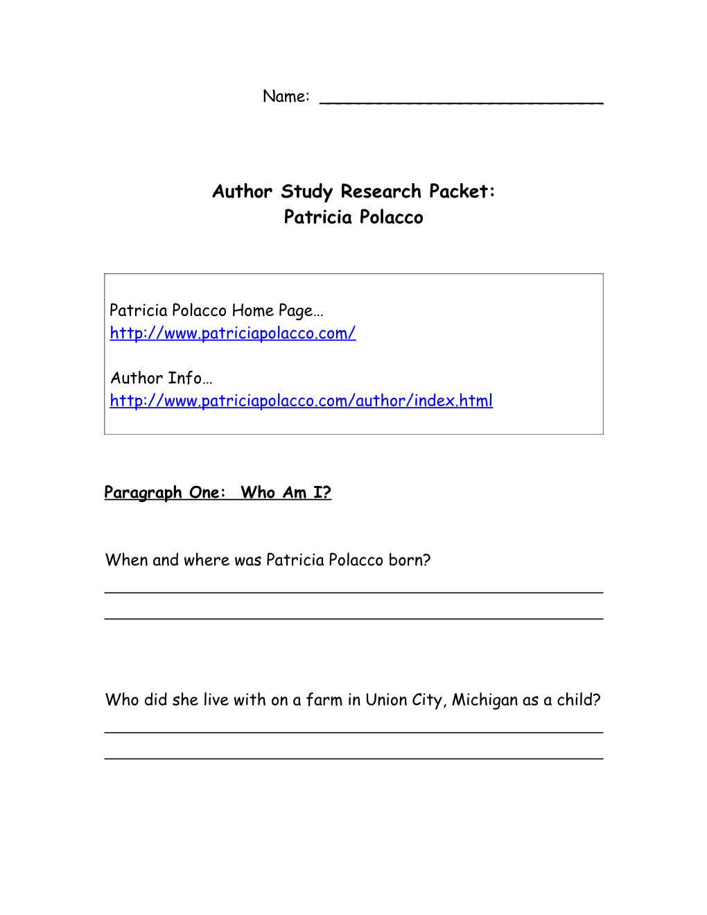Author Study Research Packet