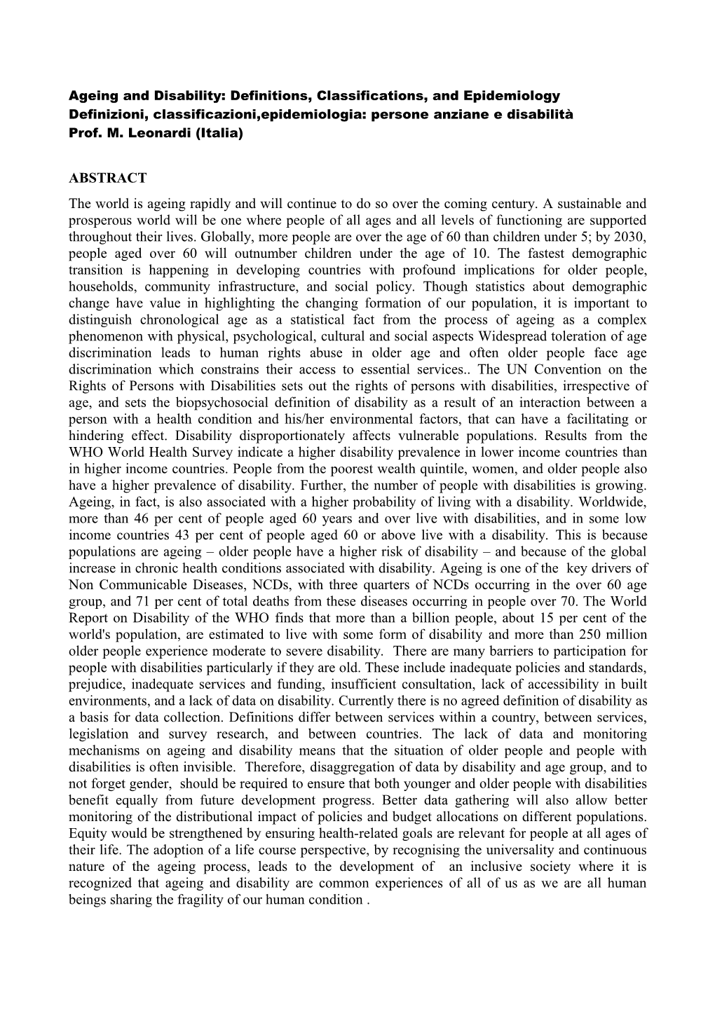 Ageing and Disability: Definitions, Classifications, and Epidemiology