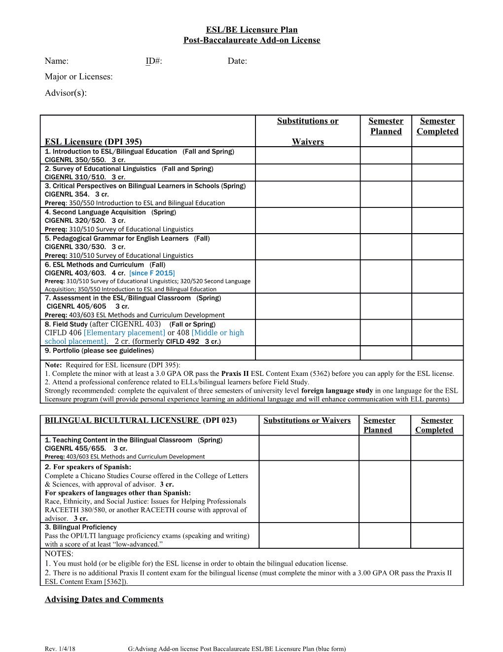 ESL/BE Licensure Plan