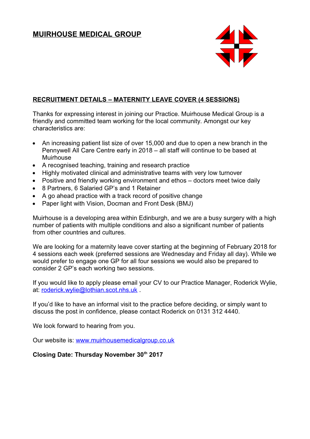 Recruitment Details Maternity Leave Cover (4 Sessions)