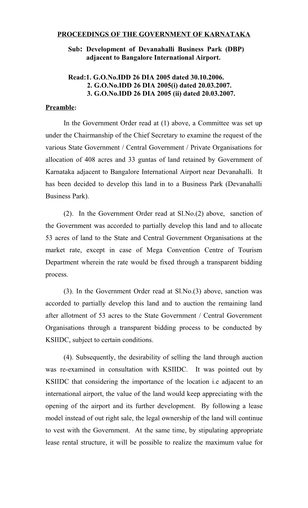 Proceedings of the Government of Karnataka