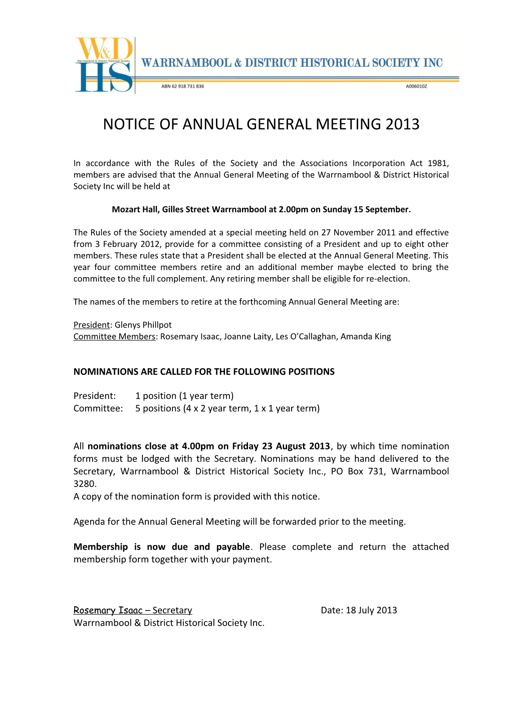 Notice of Annual General Meeting 2010 - 2011 Warrnambool & District Historical Society Inc