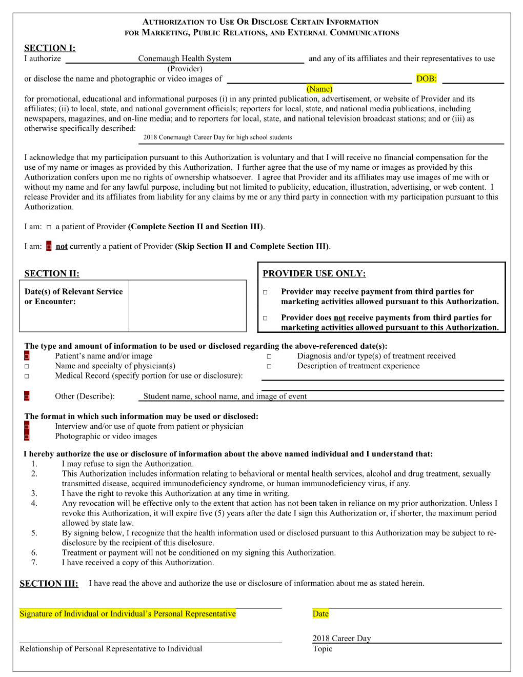 Authorization to Use Or Disclose Certain Information