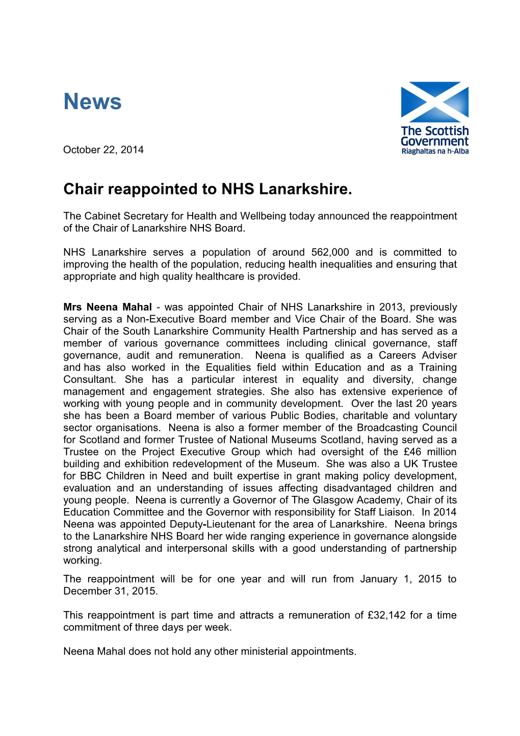 Chair Reappointed to NHS Lanarkshire