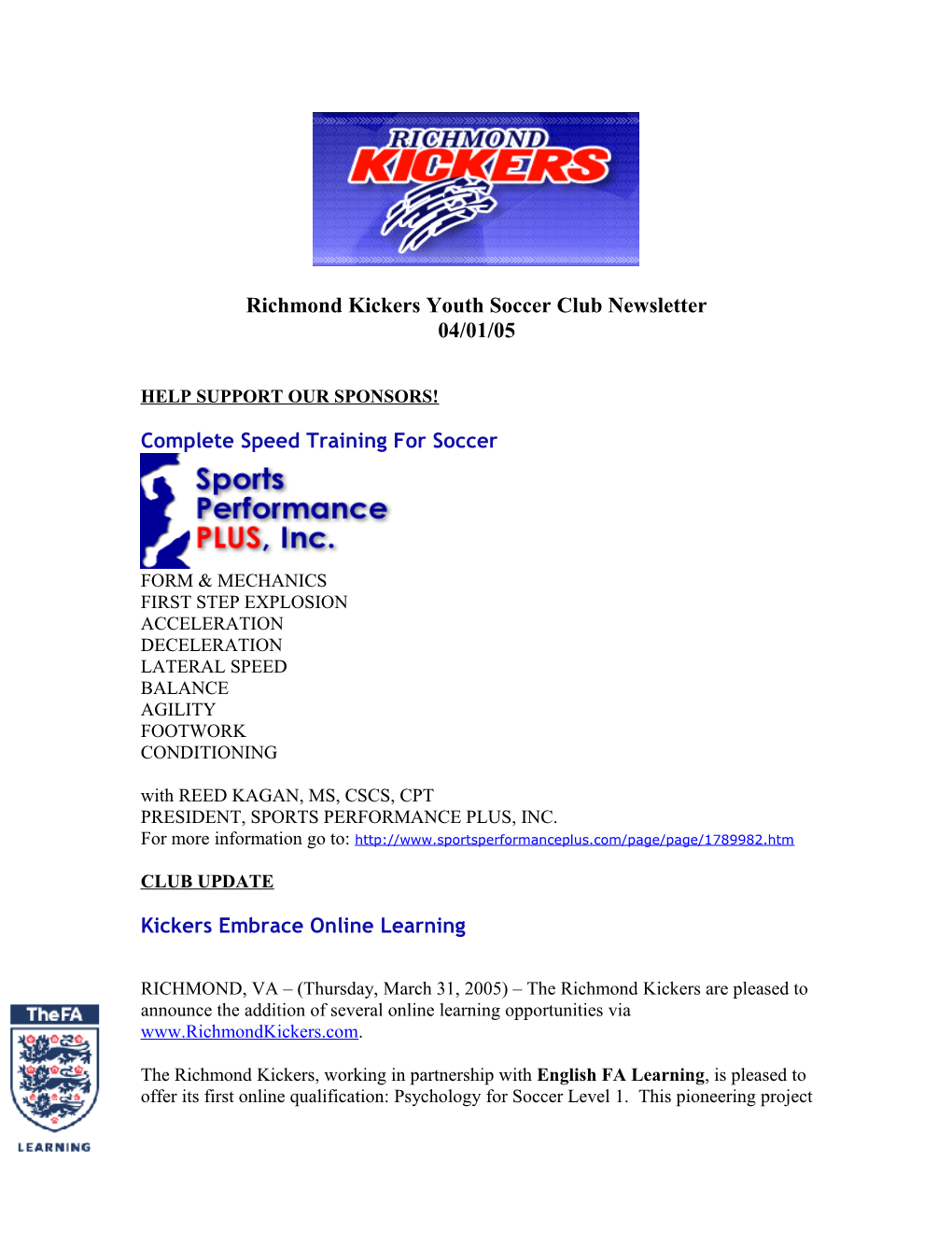 Richmond Kickers Youth Soccer Club Newsletter s2