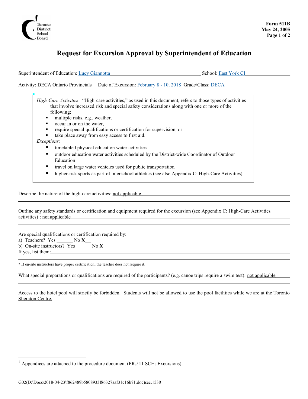 Form 511B: Request for Excursion Approval by Superintendent of Education