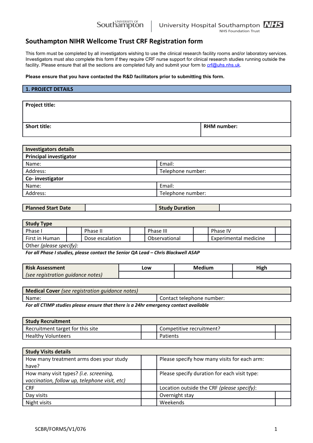 Southampton NIHR Wellcome Trust CRF Registration Form