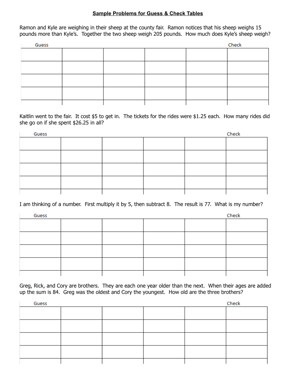 Sample Problems for Guess & Check Tables