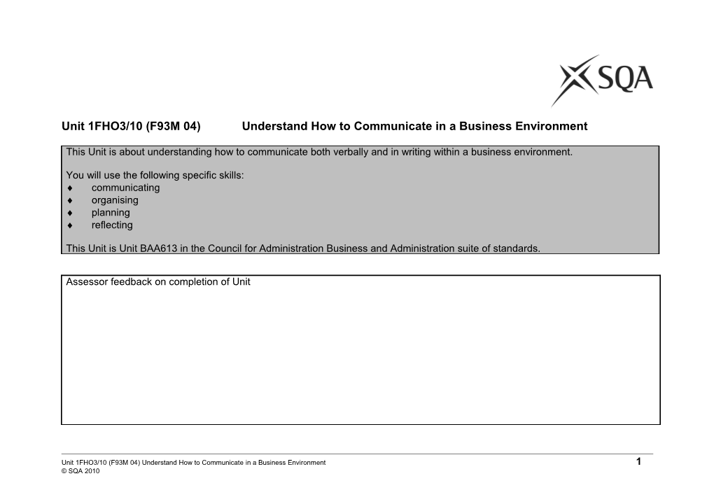 Unit 1FHO3/10 (F93M 04) Understand How to Communicate in a Business Environment