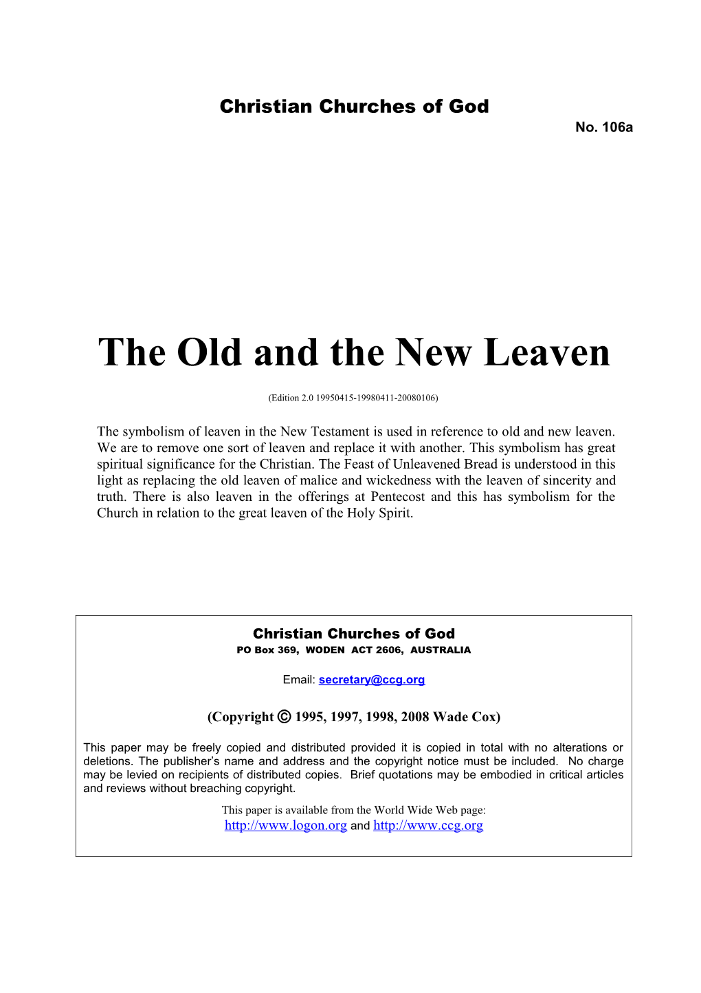 The Old and the New Leaven (No. 106A)