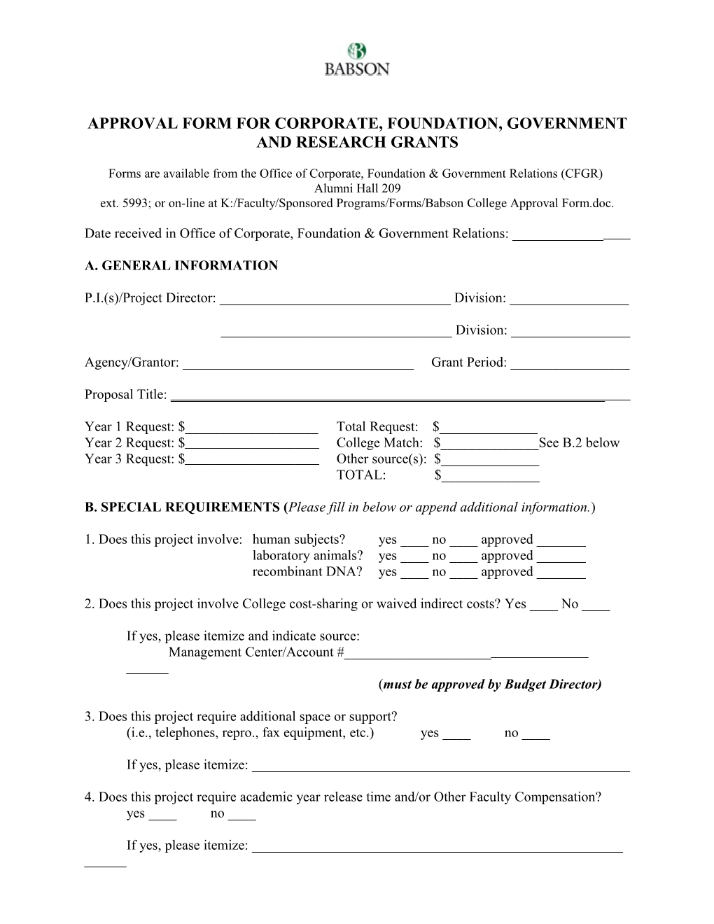 Babson College Approval Form