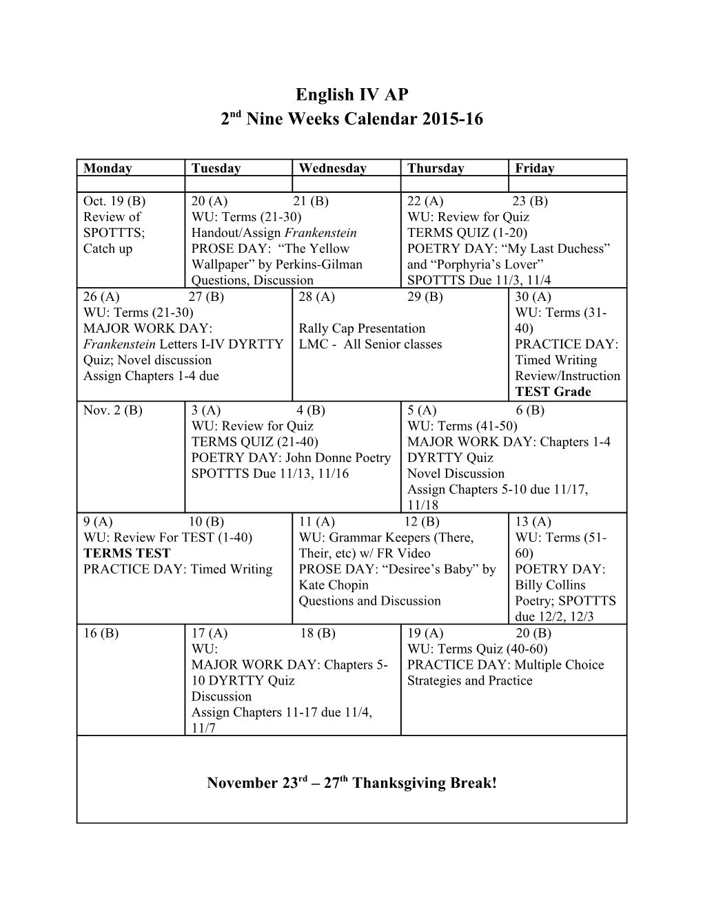 2Nd Nine Weeks Calendar 2015-16
