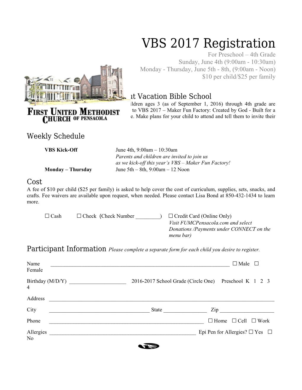 VBS 2017 Registration for Preschool 4Th Grade