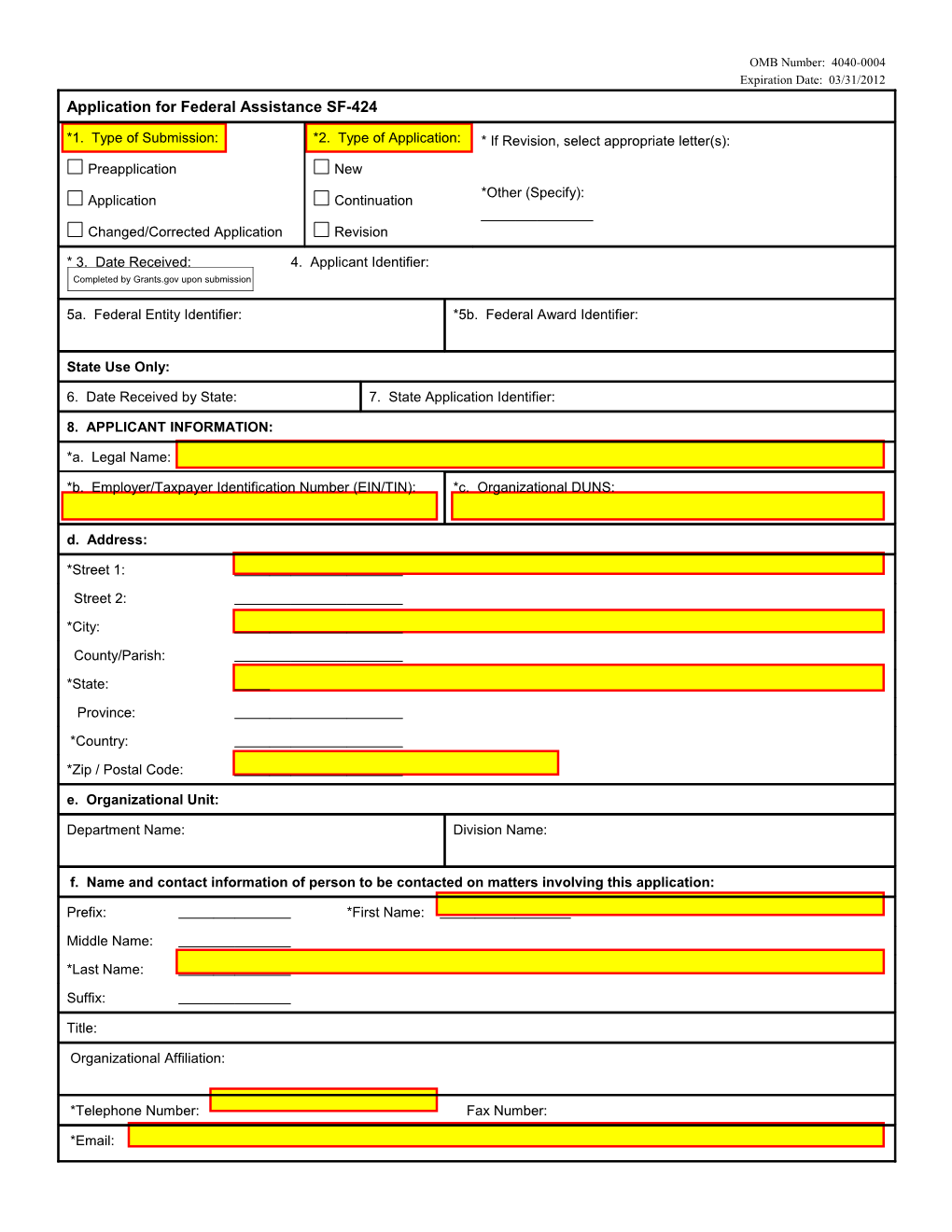 Application for Financial Assistance - SF Form 424 (MS Word)