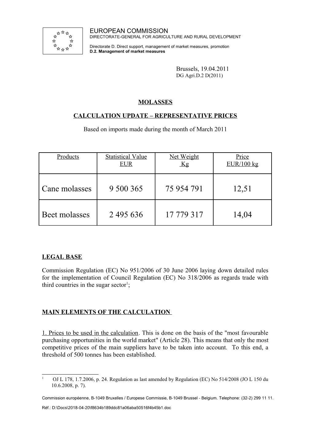 Calculation Update Representative Prices