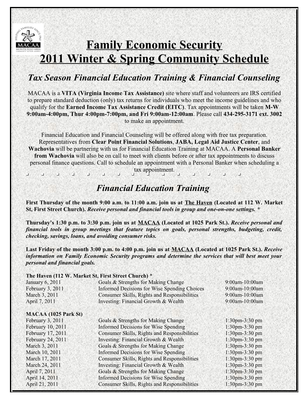 Proposed Financial Education Schedule for November and December