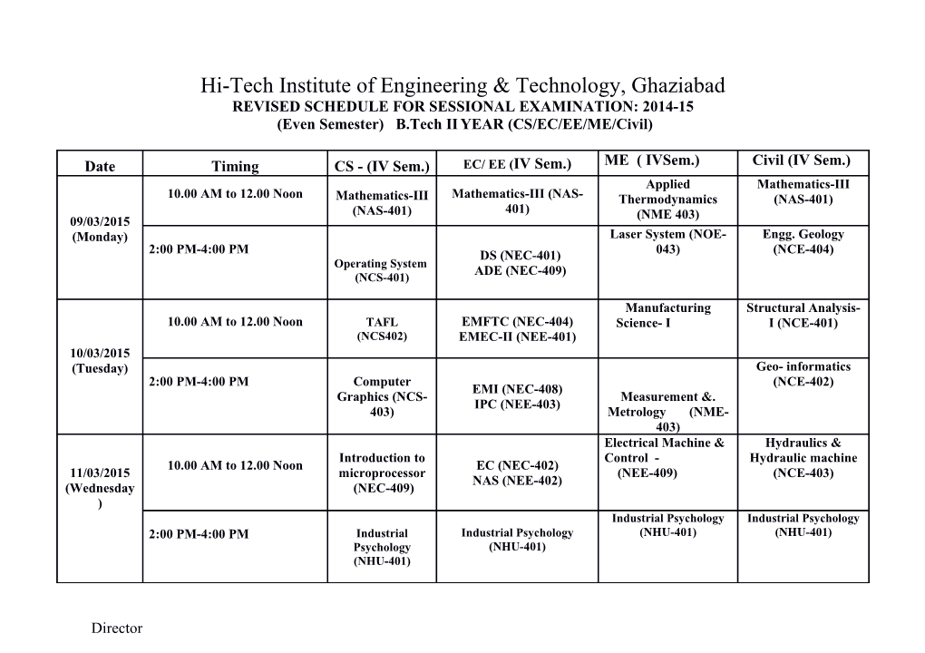 Revised Schedule for Sessional Examination: 2014-15