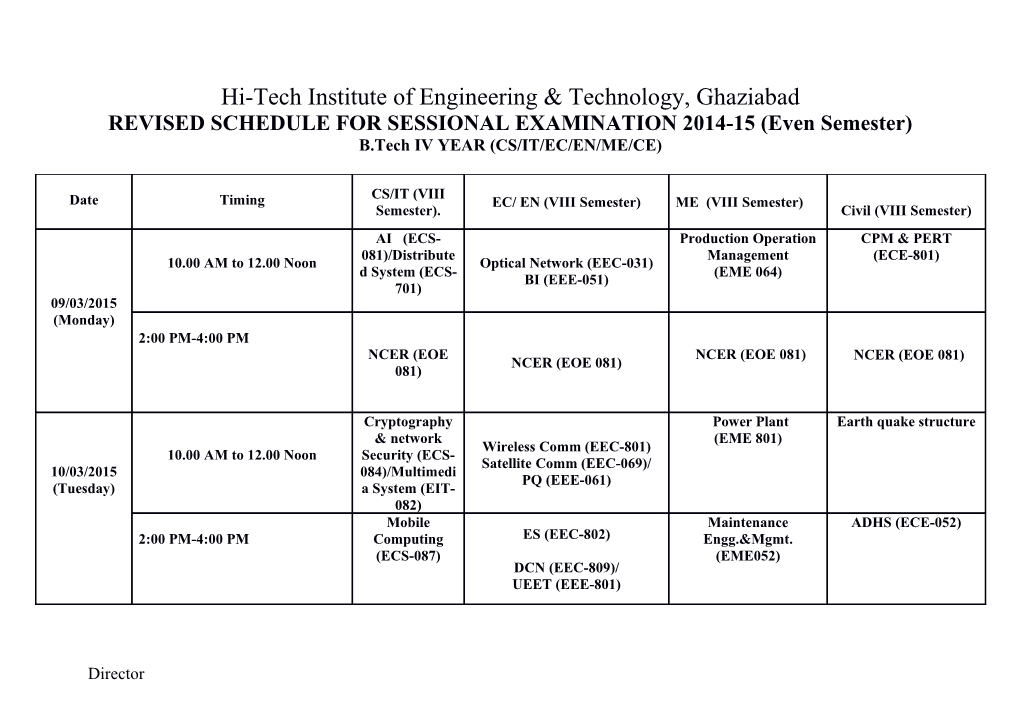 Revised Schedule for Sessional Examination: 2014-15