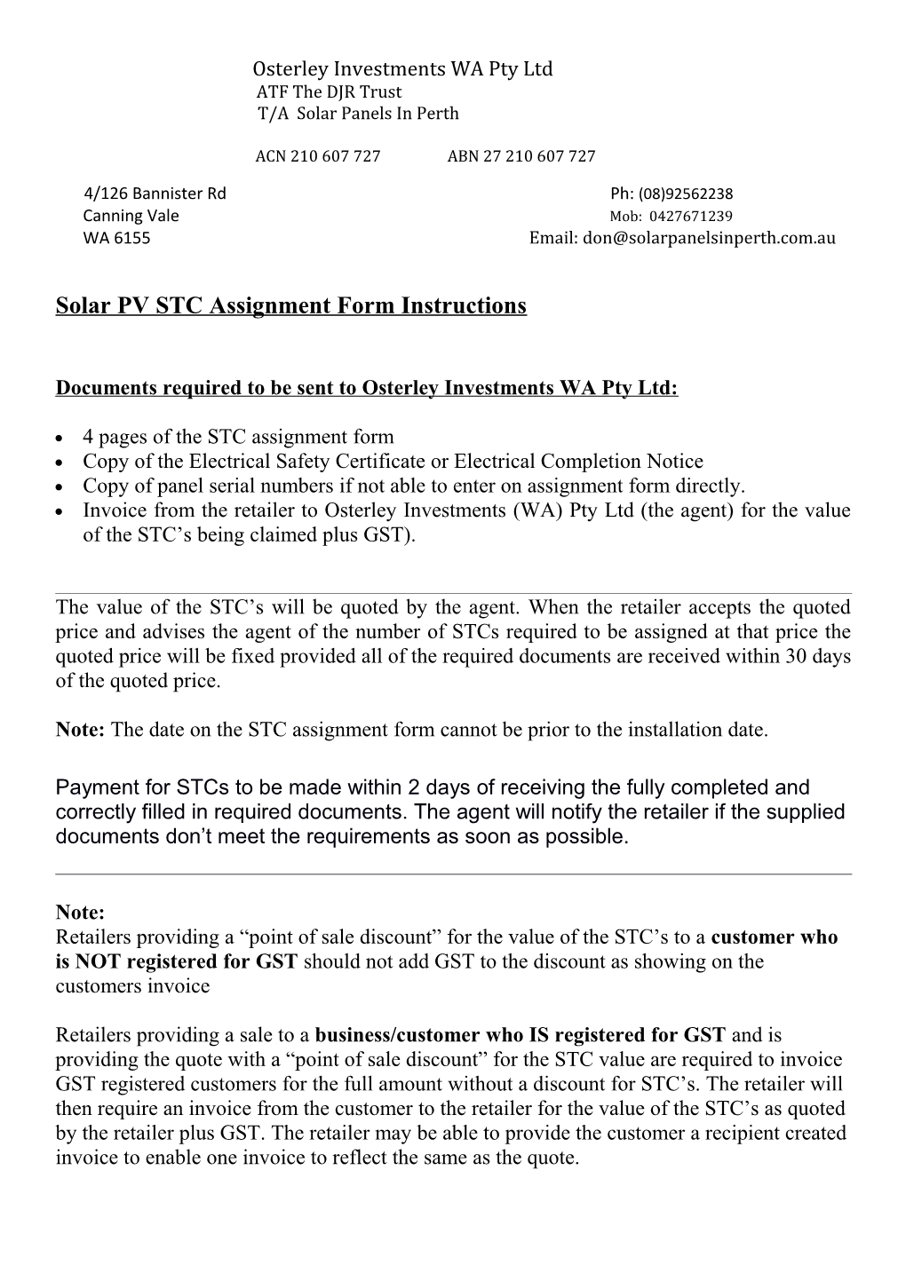 Mandatory Information for REC Assignment Forms: Small Solar (Photovoltaic) Systems