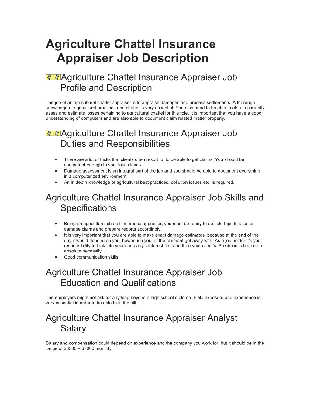 Agriculture Chattel Insurance Appraiser Job Description