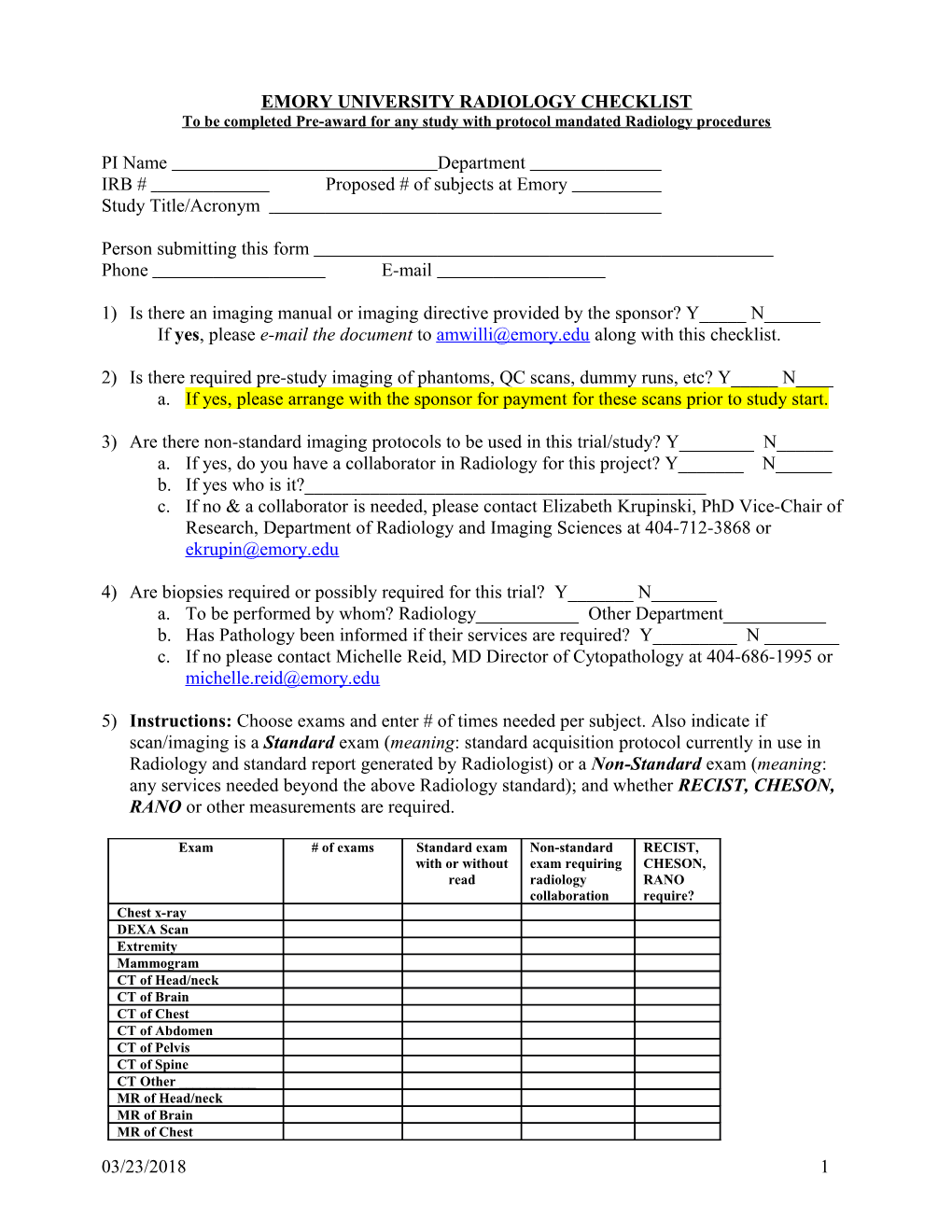 Emory University Radiology Checklist