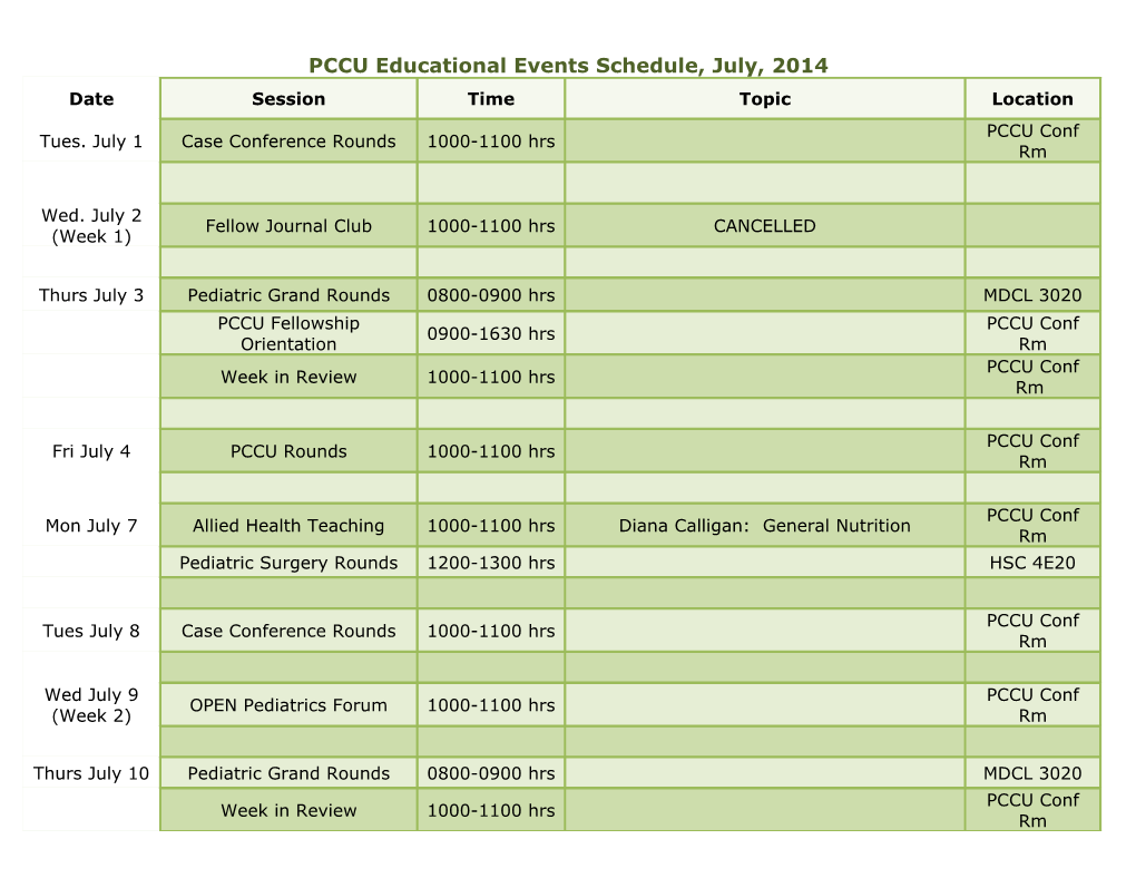 PCCU Educational Events Schedule, July, 2014