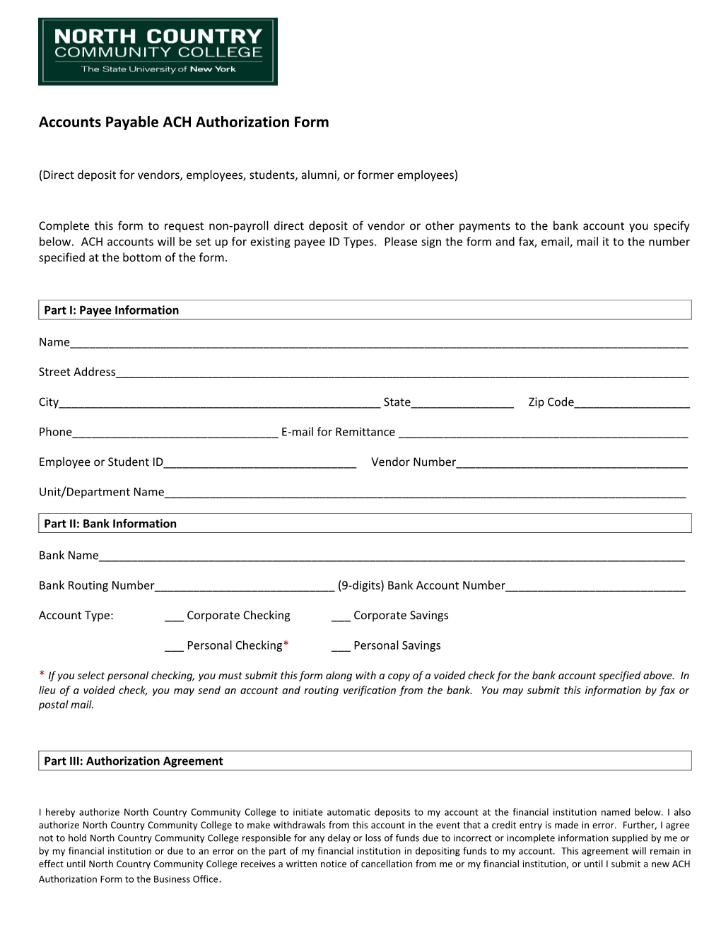 Accounts Payable ACH Authorization Form