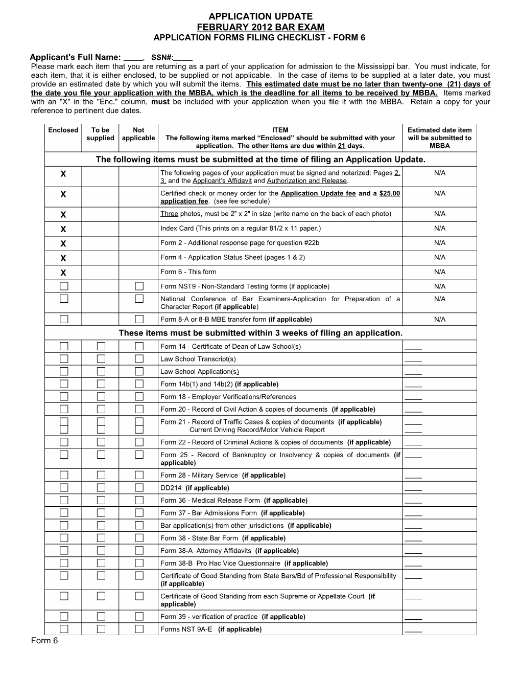 Application Forms Filing Checklist